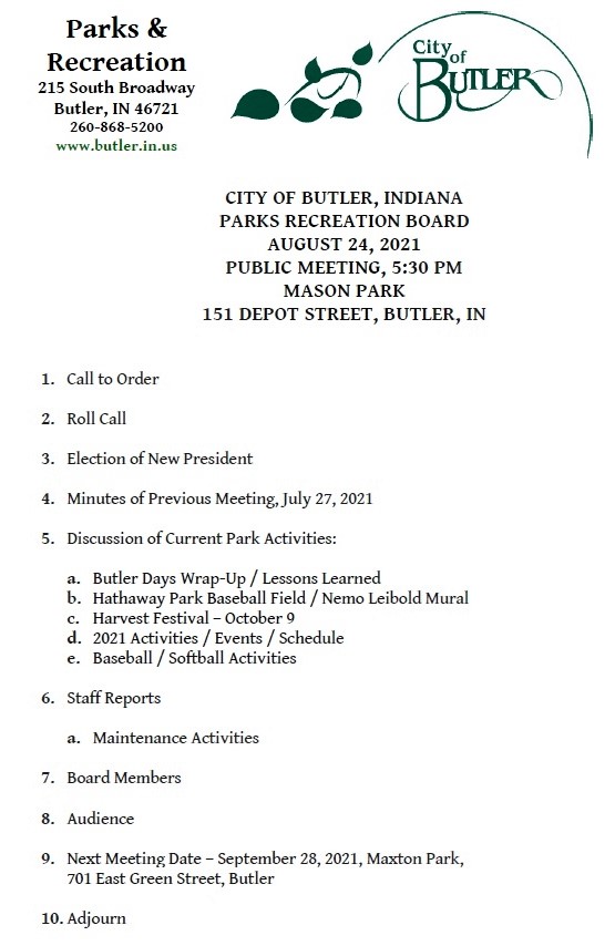 August 24, 2021 Butler Recreation Board Agenda